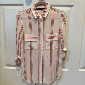 Zara White + Red Stripe Button Down Blouse Top Sz Small